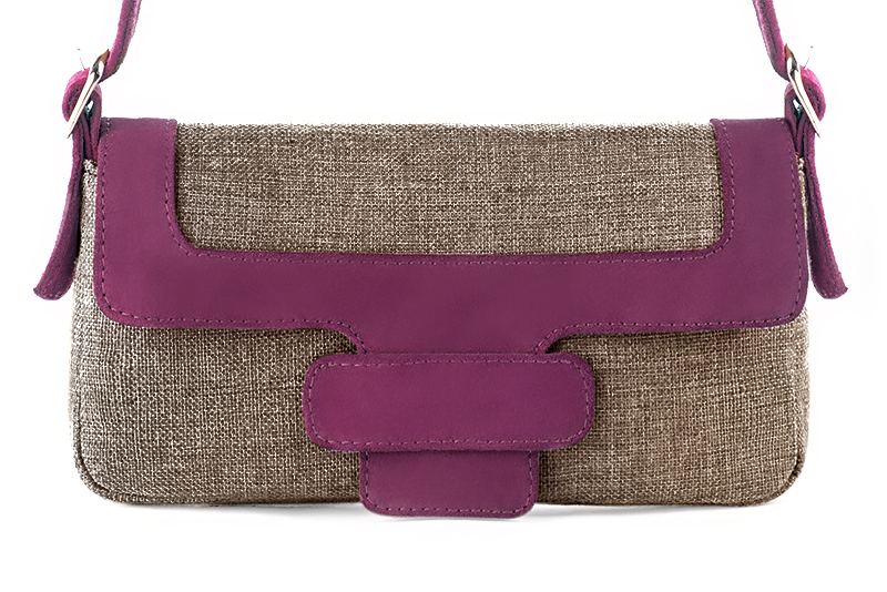Tan beige and mulberry purple women's dress handbag, matching pumps and belts. Profile view - Florence KOOIJMAN